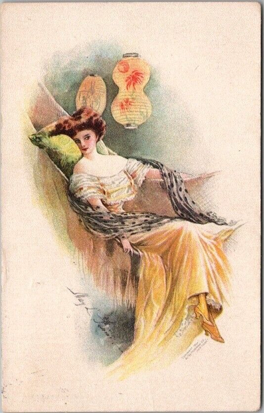 1911 Artist-Signed MAY L. FARINI Pretty Lady Postcard Paper Lanterns / Glamour