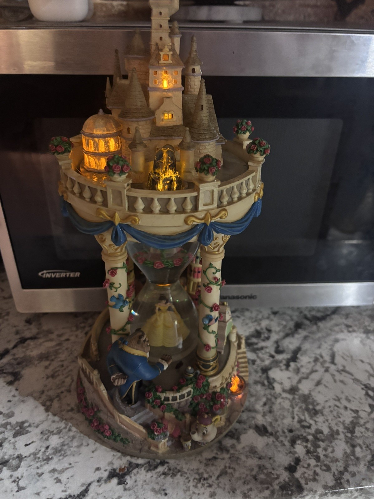 Vintage Beauty and the Beast Castle Hour Glass Snow Globe w/light & music - rare Vintage Beauty and the Beast Castle Hour Glass Snow Globe w/light & music - rare