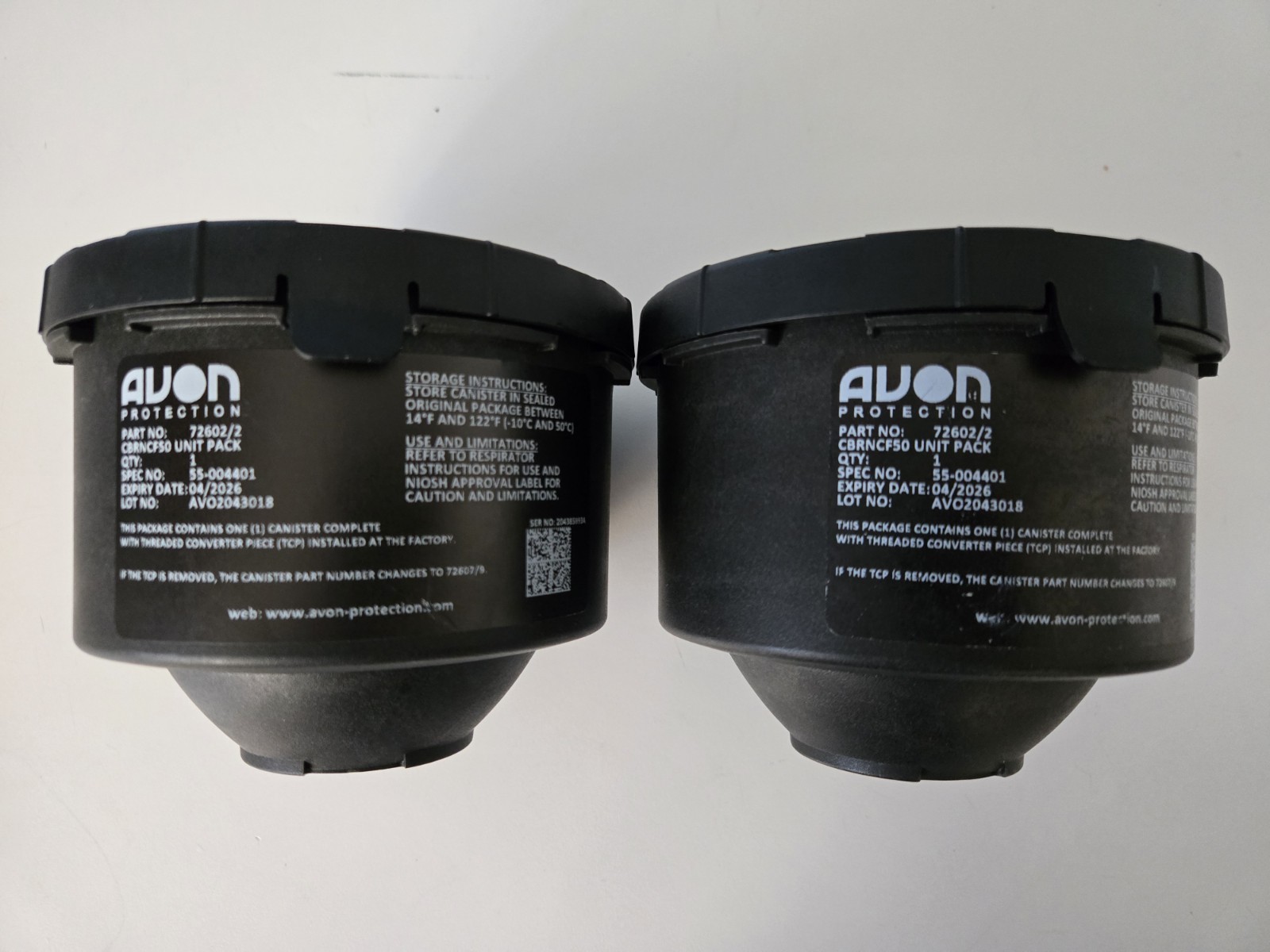 PAIR of SEALED Avon CBRNCF50 Gas Mask Filter Canister 72602/2 Expired 4/2026 PAIR of SEALED Avon CBRNCF50 Gas Mask Filter Canister 72602/2 Expired 4/2026