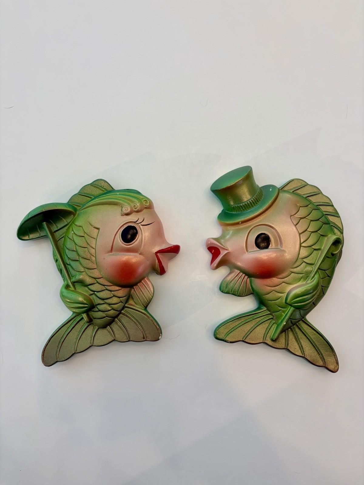Vintage Chalkware Wall Plaques Kissing Fish 1968 Miller Studio Set Of 2 Metallic Vintage Chalkware Wall Plaques Kissing Fish 1968 Miller Studio Set Of 2 Metallic