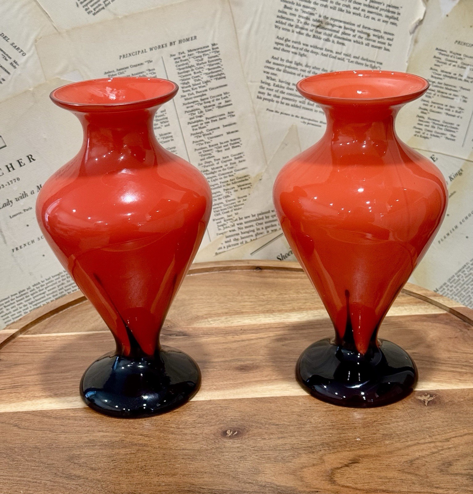 Vintage Czech Tango Glass Pedestal Vases Pair Red & Black Art Deco Stamped 9''