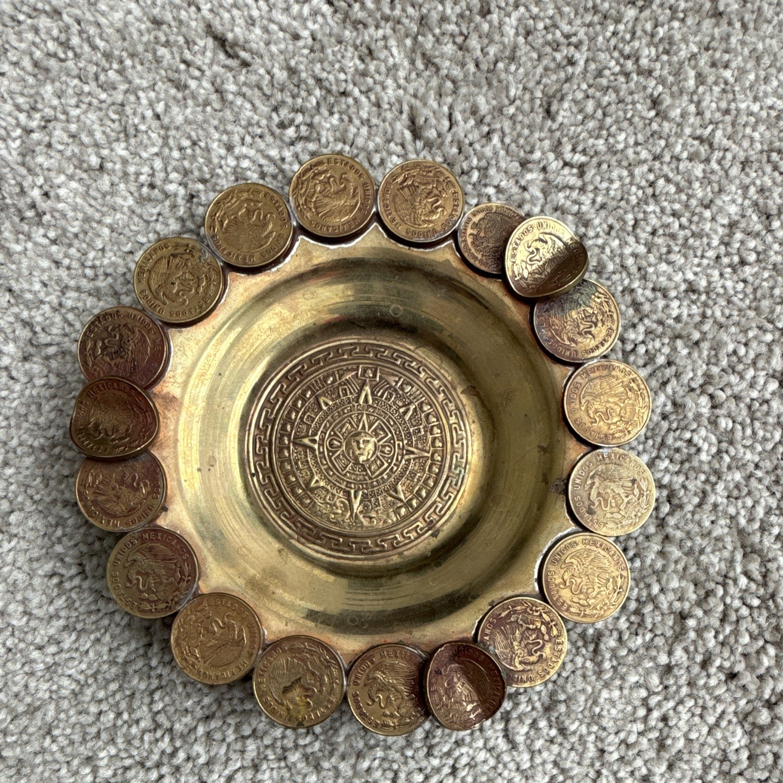 Handmade Vintage 1978 Mexican Coin Ashtray Dish - Brass Aztec Calendar Handmade Vintage 1978 Mexican Coin Ashtray Dish - Brass Aztec Calendar