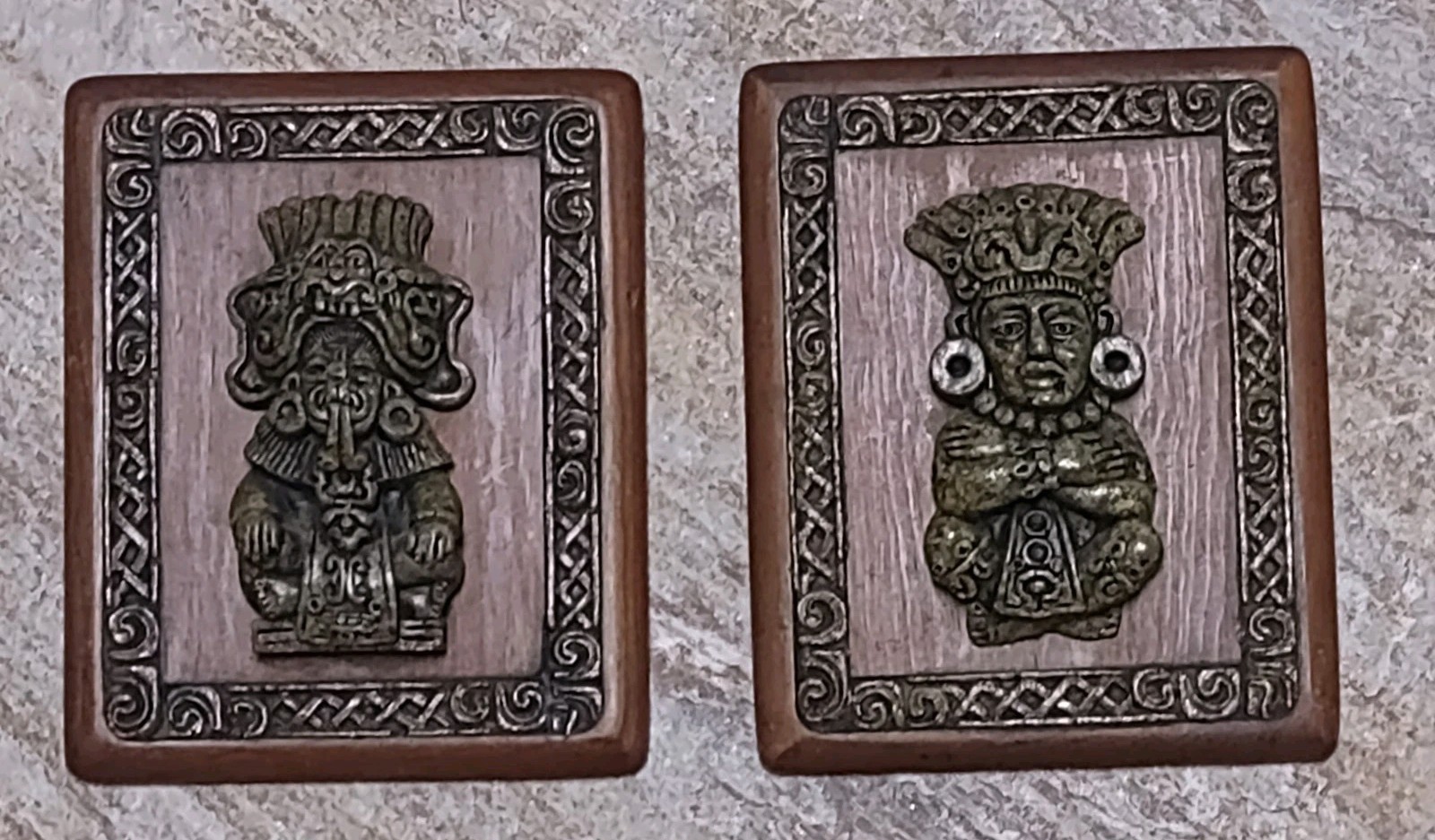 Vtg Arte-Mex Mexican Folk Art 3D Wood Wall Plaques Set Of 2 Pre-Columbian Style Vtg Arte-Mex Mexican Folk Art 3D Wood Wall Plaques Set Of 2 Pre-Columbian Style