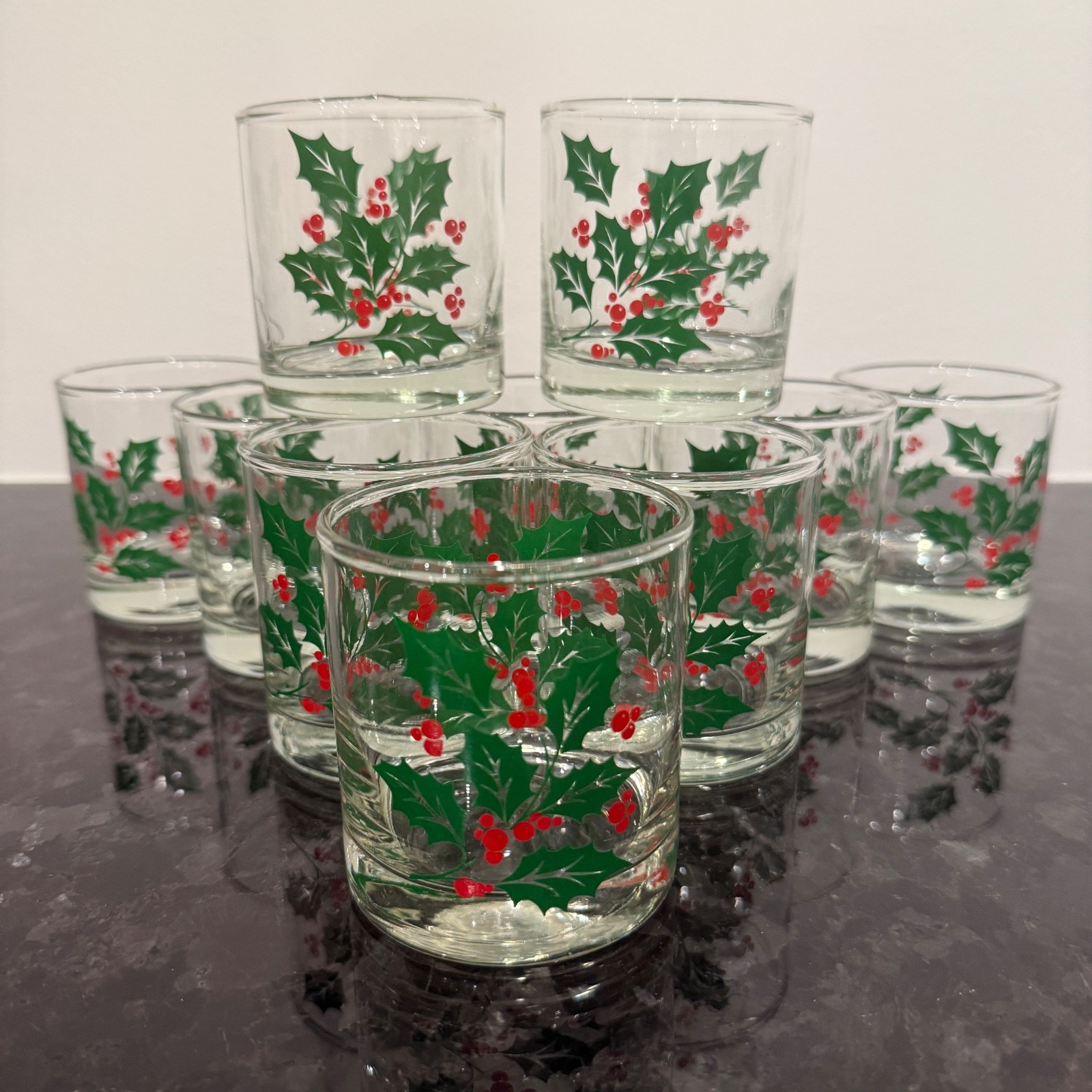 Vintage Indiana Glass Christmas Holly Berry Barware Xmas Low Ball Set 10 NEW
