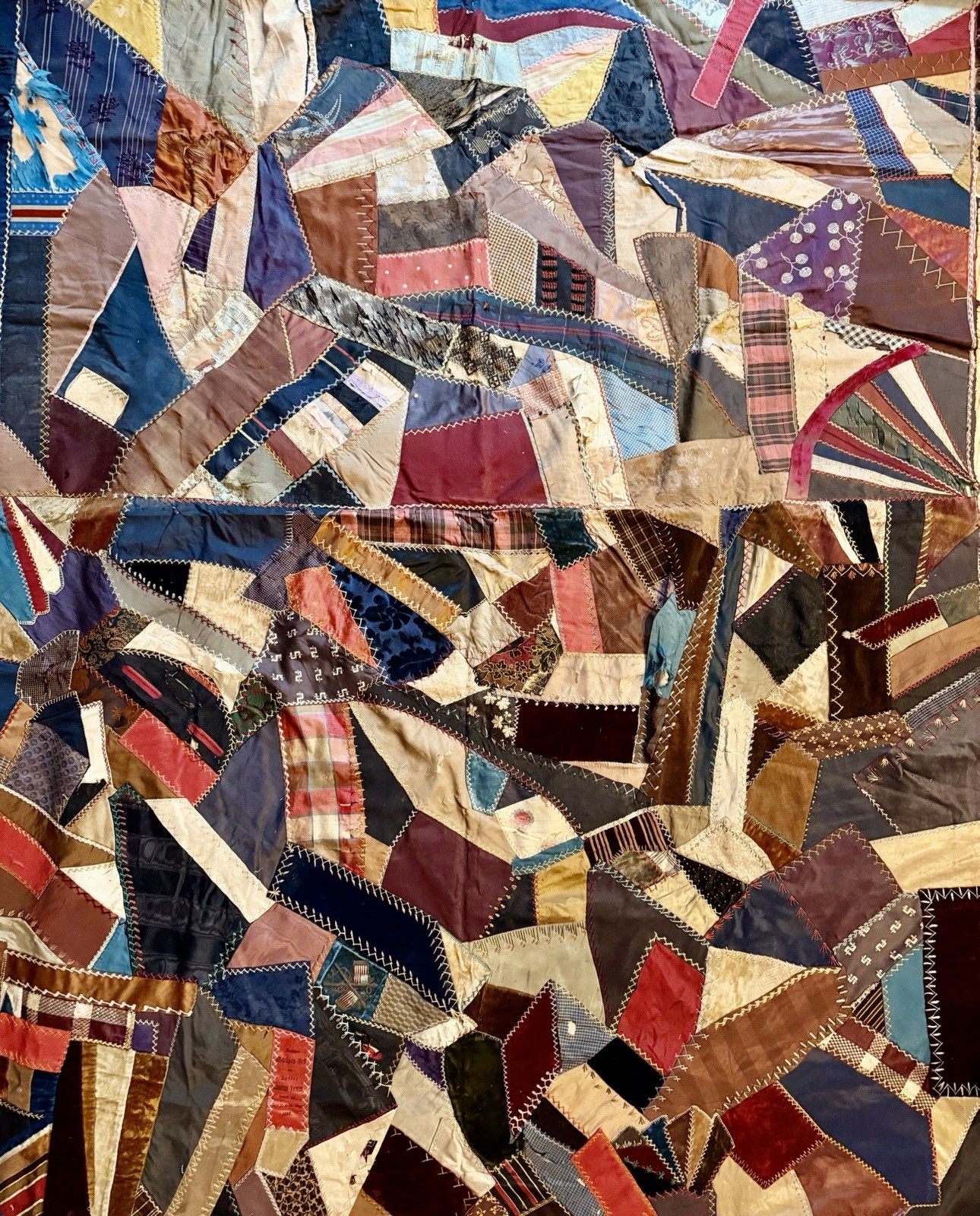 Antique Victorian Crazy Quilt Illinois 1888 Ribbons Flags Knights of Pythias Antique Victorian Crazy Quilt Illinois 1888 Ribbons Flags Knights of Pythias