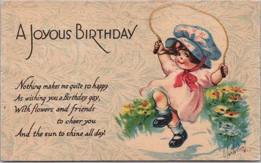 Vintage "A JOYOUS BIRTHDAY" Postcard Jumping Rope / Artist TWELVETREES / 1917 Vintage "A JOYOUS BIRTHDAY" Postcard Jumping Rope / Artist TWELVETREES / 1917