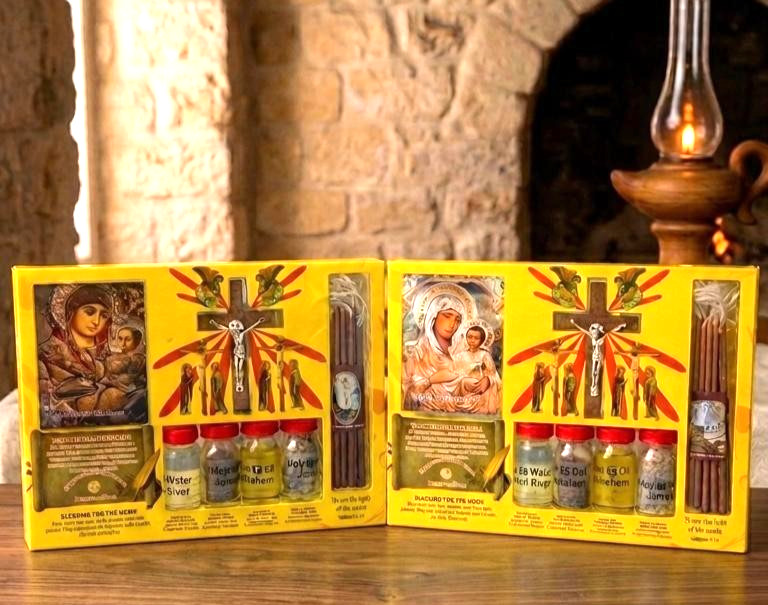 2 Boxes Blessing Kit Bottles and olive wood Cross from The Holy Land Jerusalem 2 Boxes Blessing Kit Bottles and olive wood Cross from The Holy Land Jerusalem