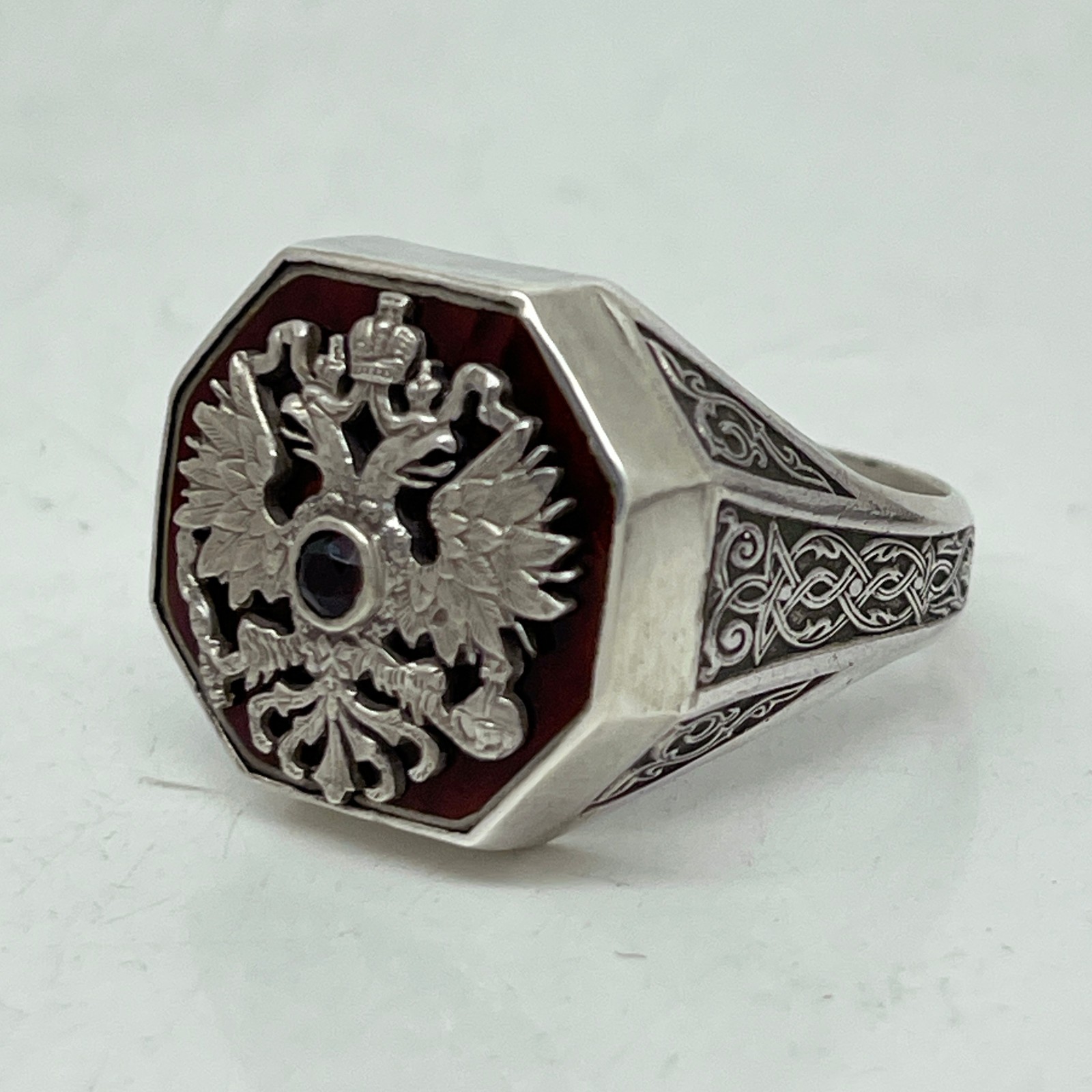 FABERGE Russian Imperial 88 Silver Enamel Ring with Ruby FABERGE Russian Imperial 88 Silver Enamel Ring with Ruby