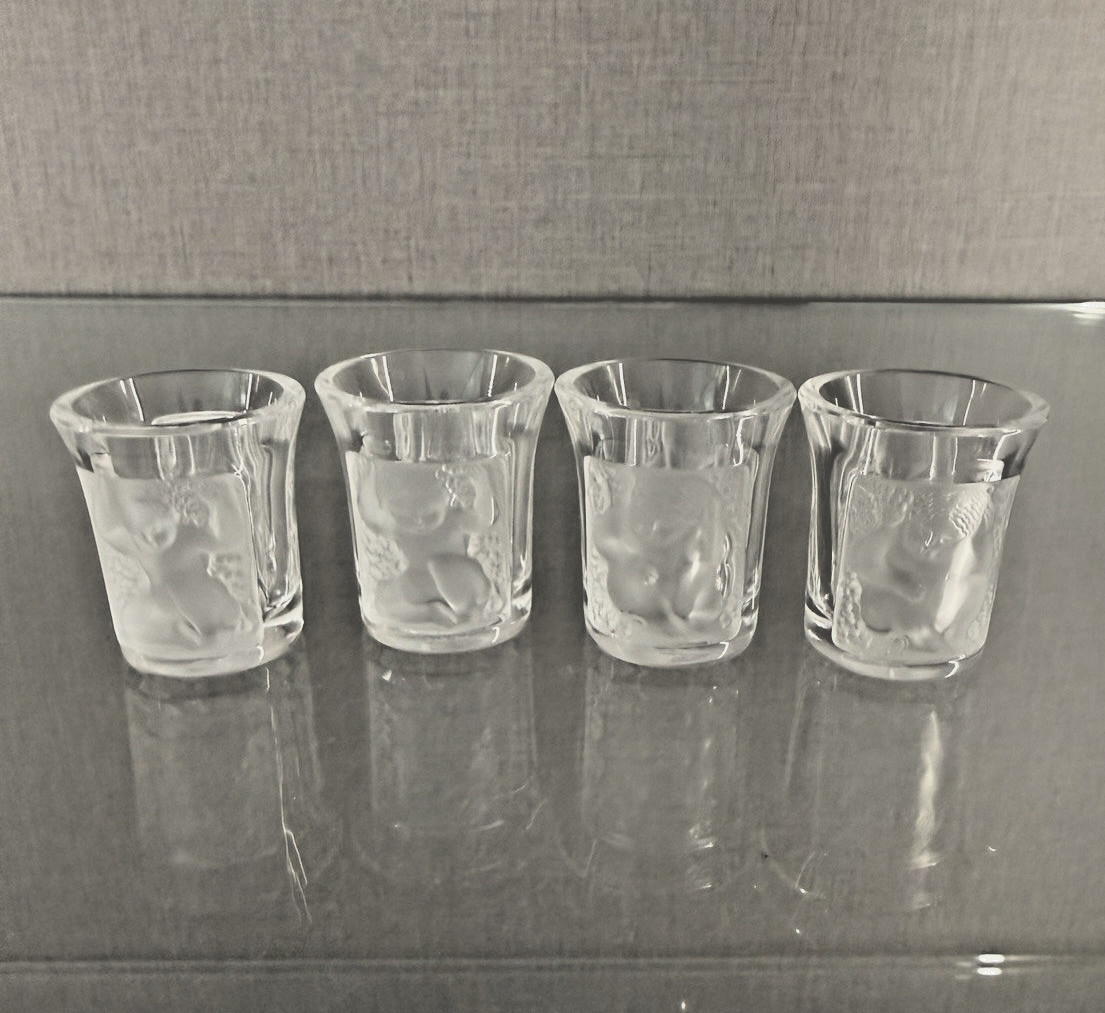 Lalique 4 'LES ENFANTS' Crystal Cordial Aperitif Shot Glasses NEW Lalique 4 'LES ENFANTS' Crystal Cordial Aperitif Shot Glasses NEW