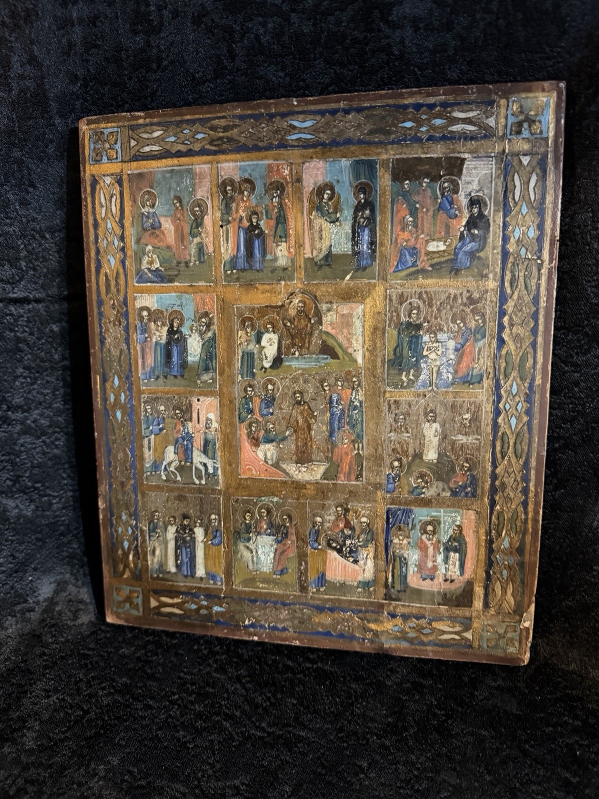 Antique 18-19th Century Russian Icon Of The Resurrection And Twelve Great Feasts