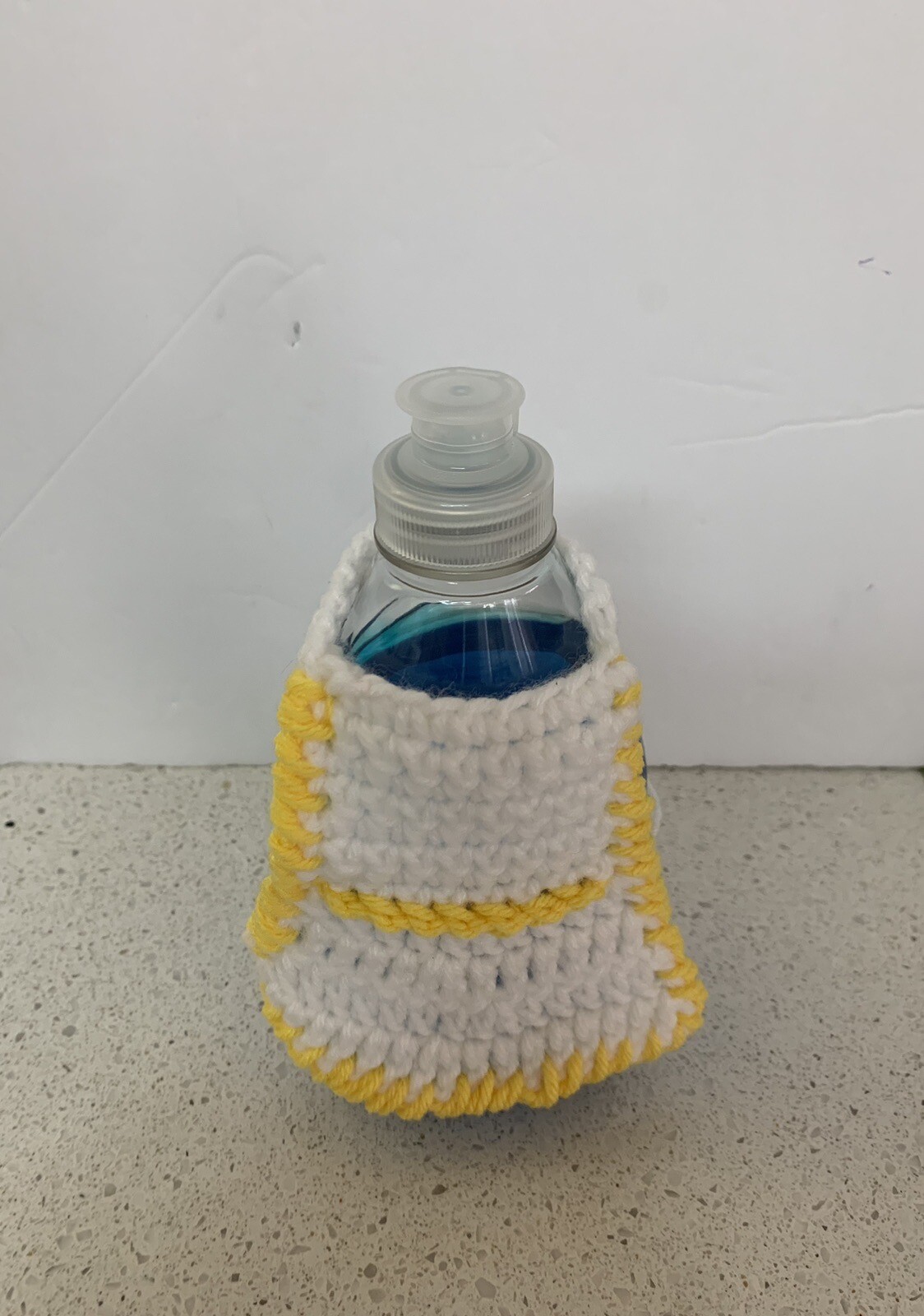 Dish Soap Bottle Apron Handmade Crochet White With Yellow Trim
