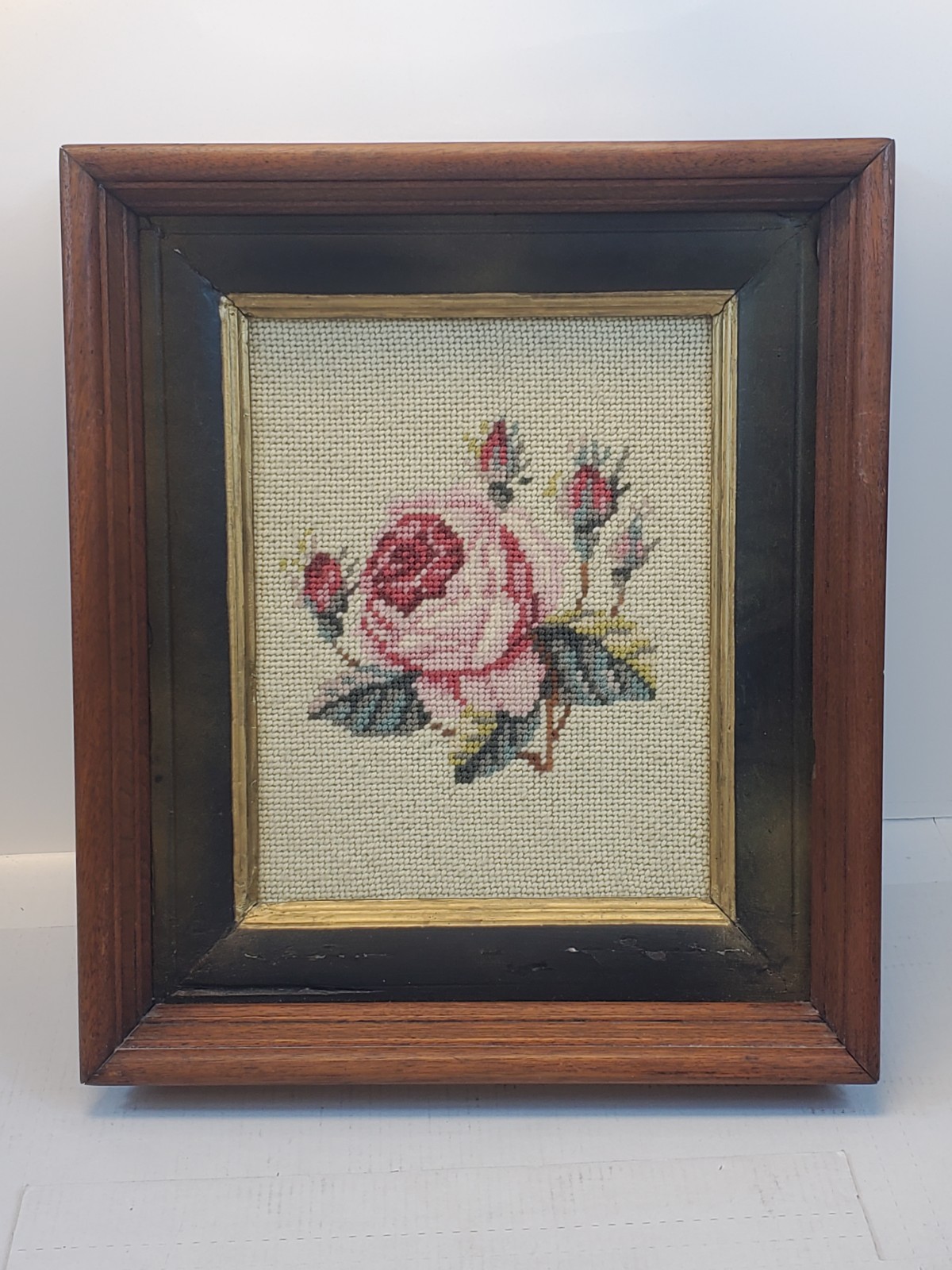 Needlepoint Floral Picture In Wooden Frame Vintage Wall Art