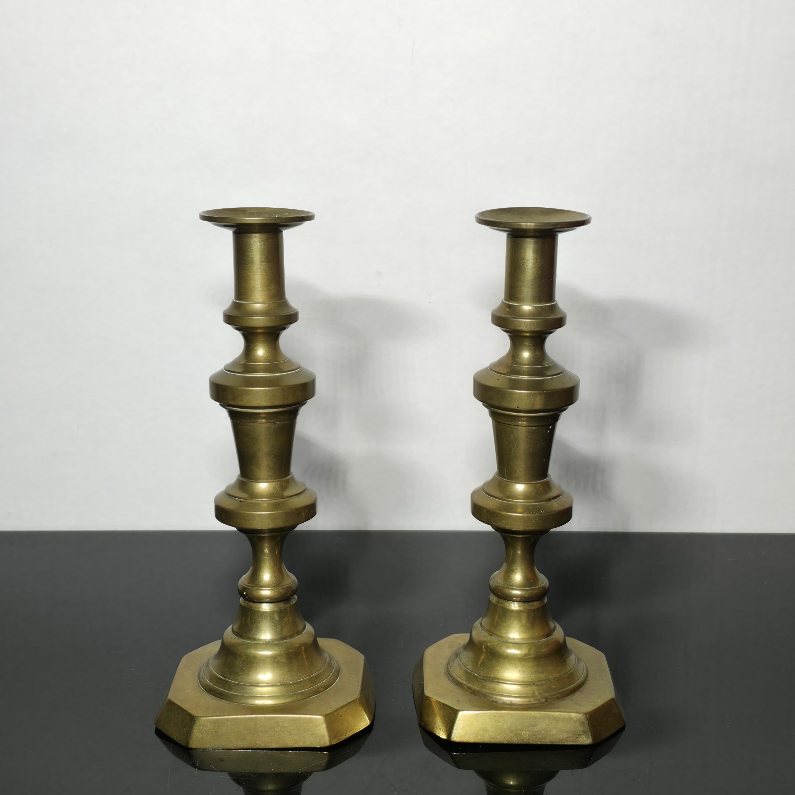 Pair Antique English Brass Candlesticks Push Ejectors Early Victorian c1850 10"