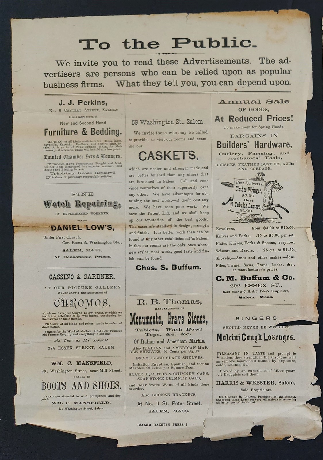 1800s antique SALEM MASSACHUSETTS BROADSIDE ad CASKETS GRAVE STONES HARDWARE MED 1800s antique SALEM MASSACHUSETTS BROADSIDE ad CASKETS GRAVE STONES HARDWARE MED