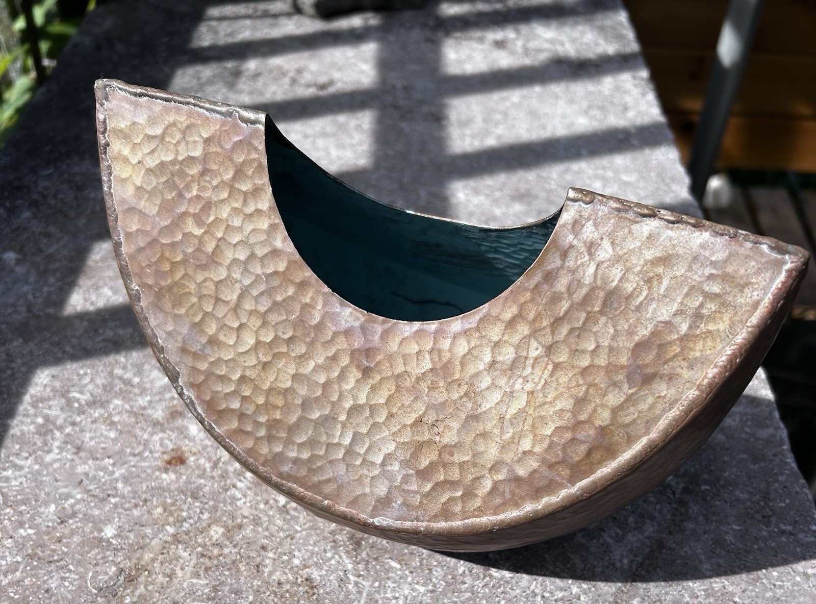 Hammered Copper Half-Moon Bowl/ Vase with Cutout Top, Blue-Green Interior Hammered Copper Half-Moon Bowl/ Vase with Cutout Top, Blue-Green Interior