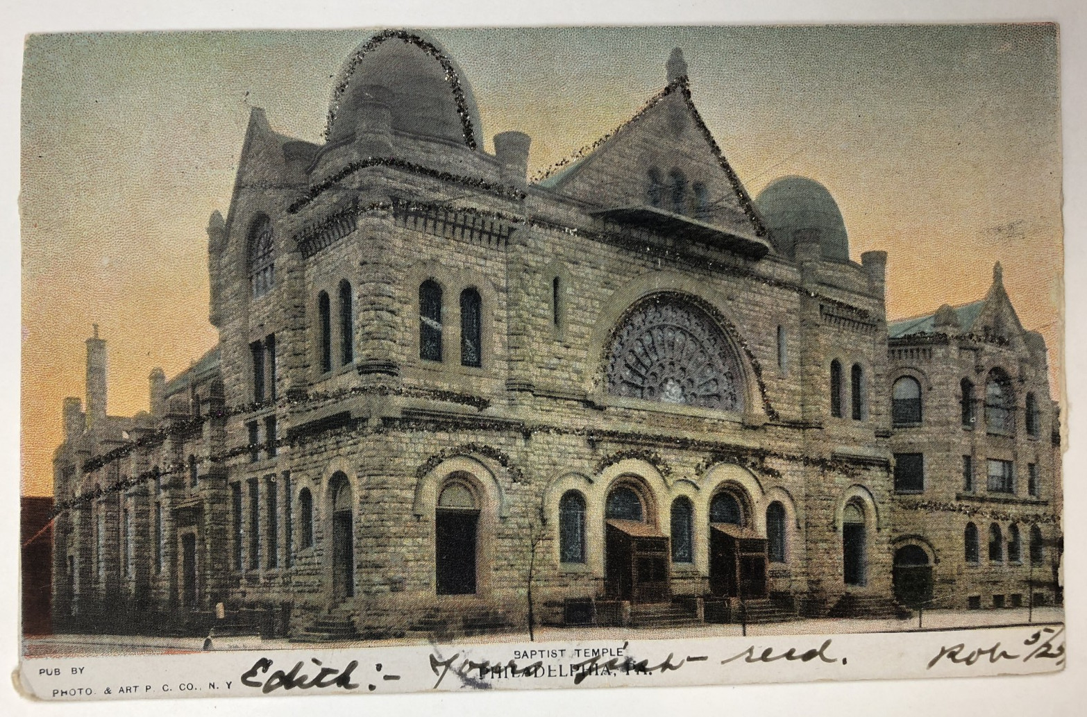 Baptist Temple Philadelphia PA Postcard Glitter 1906 Nice Town Station Postmark