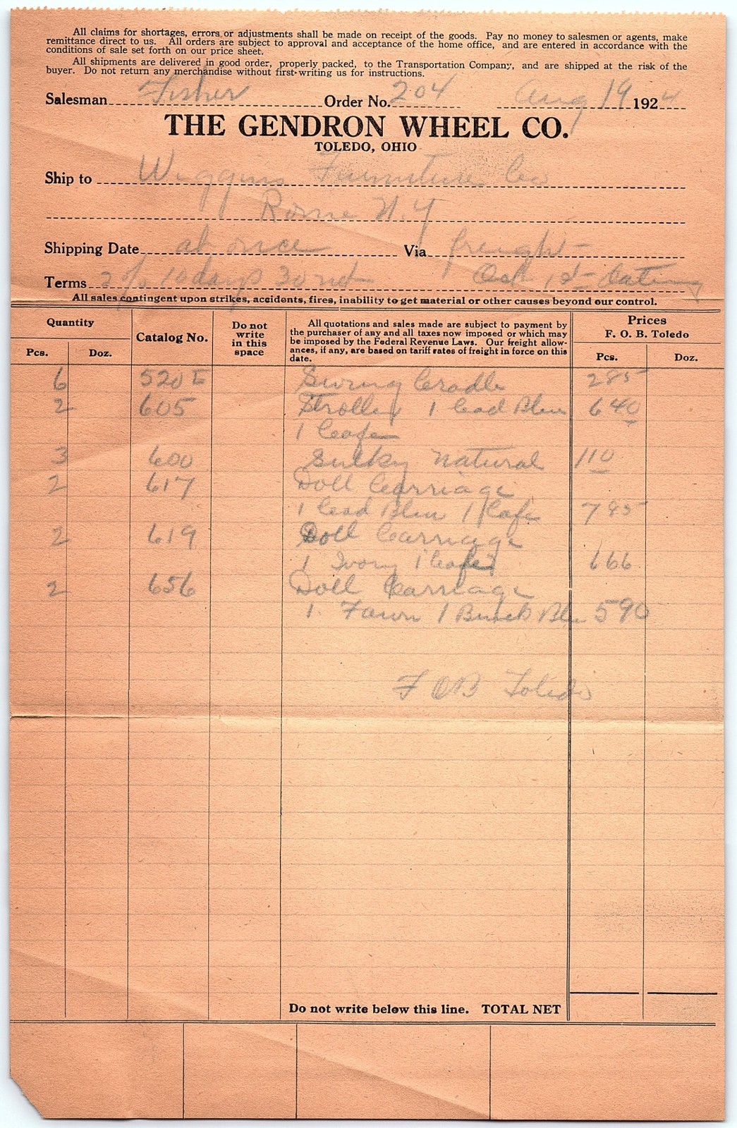 1920s Gendron Wheel Co. Doll & Toy Invoice, Toledo OH 1920s Gendron Wheel Co. Doll & Toy Invoice, Toledo OH
