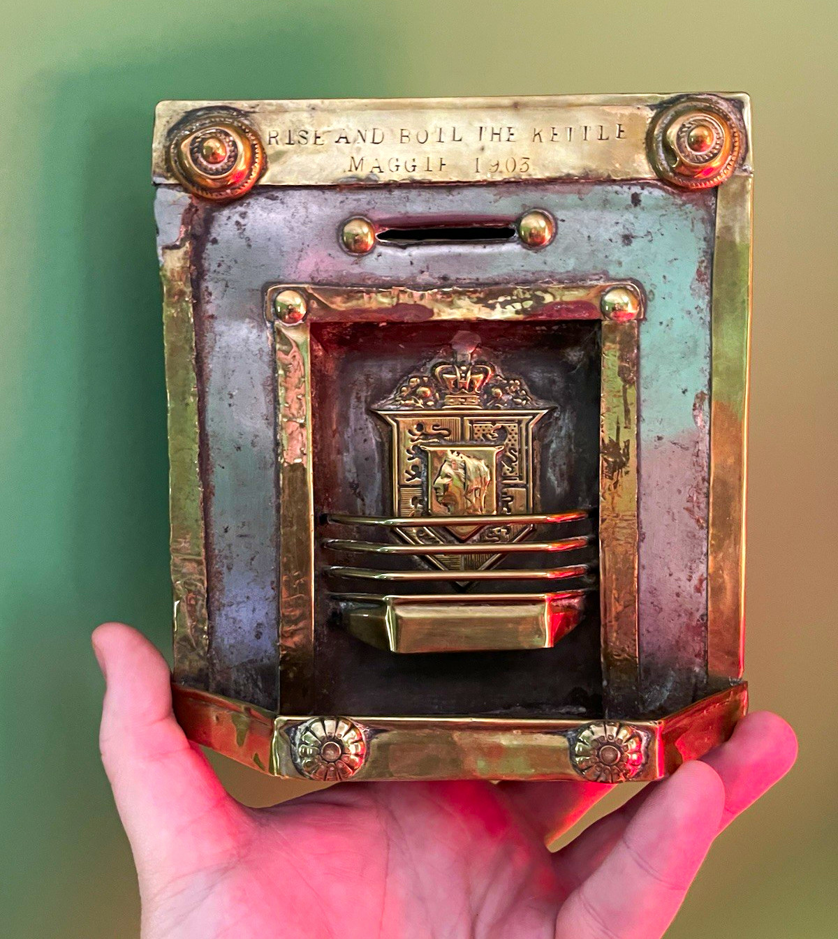 Rare Brass Bank in Shape of Fireplace Grate "Rise and Boil the Kettle" 1903 Rare Brass Bank in Shape of Fireplace Grate "Rise and Boil the Kettle" 1903