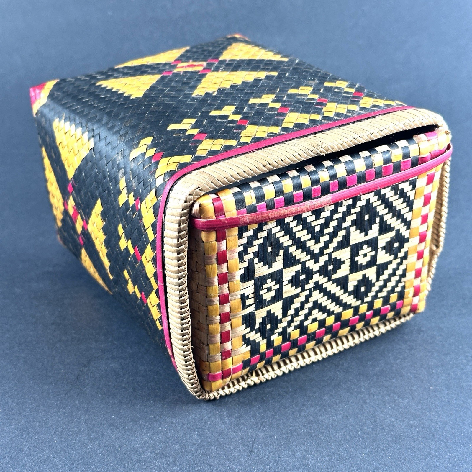 Vintage Borneo Dayak Tribe Woven Rattan Basket Lidded Organizer Box Tribal Art