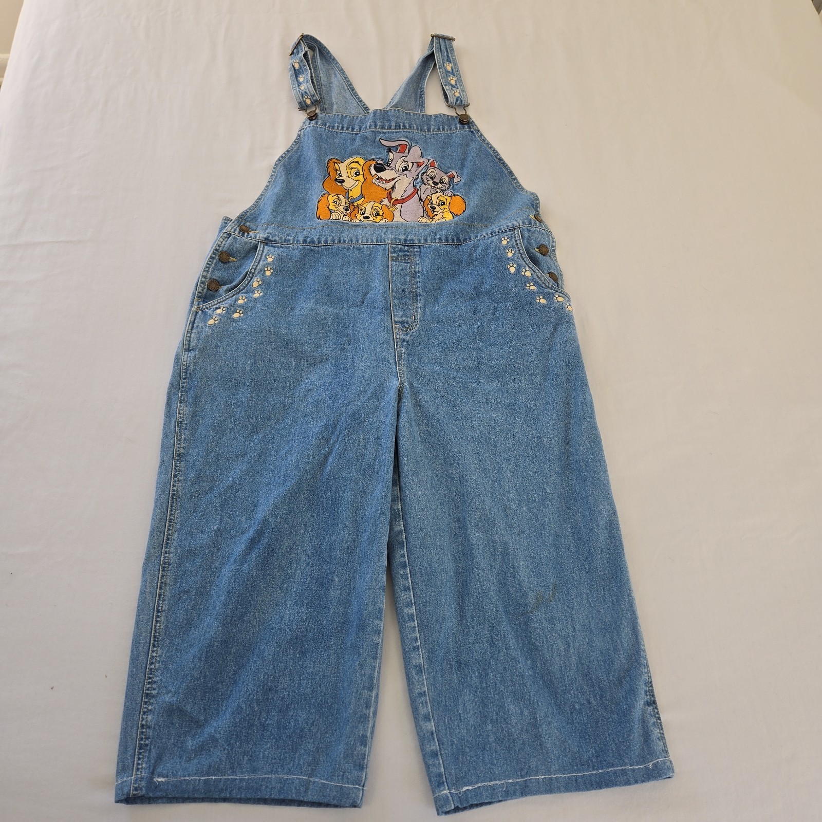 VTG Disney Lady & The Tramp Denim Bib Overalls Embroidered Patch Womens XL Crop