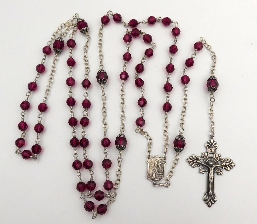 Vintage Sterling Silver Rosary Czech Ruby Crystal Beads 39" 84.7g Filigree Vintage Sterling Silver Rosary Czech Ruby Crystal Beads 39" 84.7g Filigree