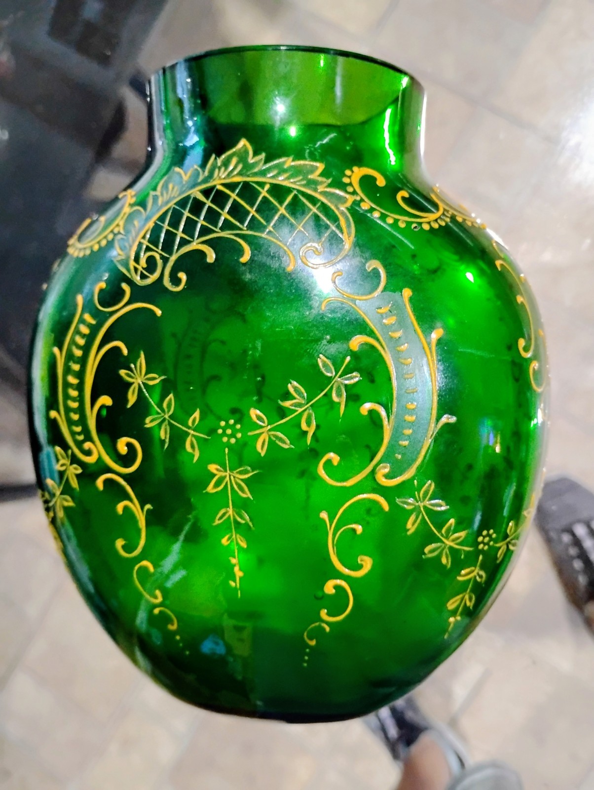 Antique Emerald Green Glass Vase with Raised Gold Enamel Scrollwork Decoration Antique Emerald Green Glass Vase with Raised Gold Enamel Scrollwork Decoration