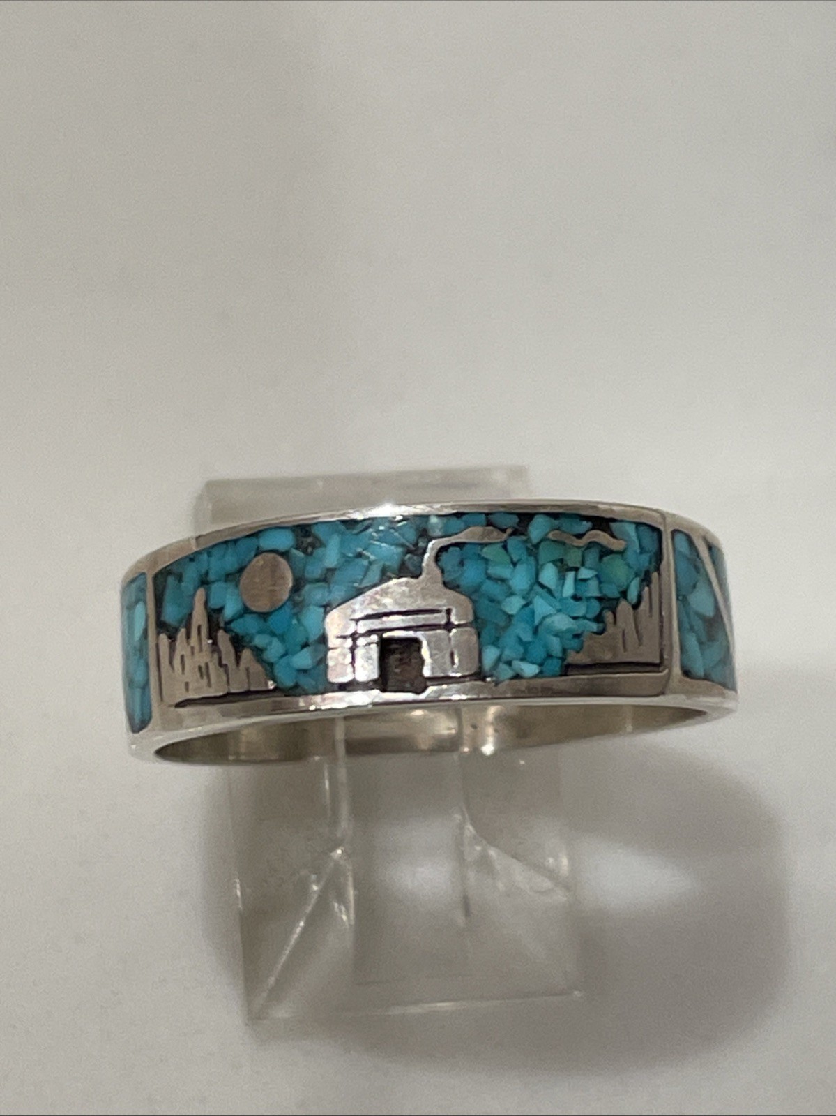 Vintage Navajo Sterling Silver Turquoise Chip Inlay Hogan Ring Size 10 Vintage Navajo Sterling Silver Turquoise Chip Inlay Hogan Ring Size 10
