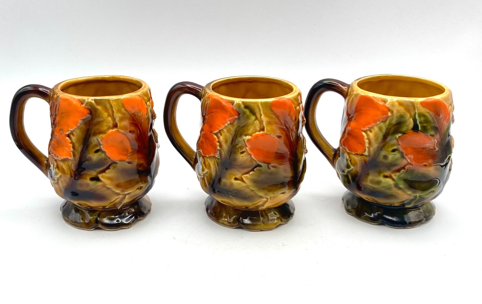 Mid Century Cups 1970s Ceramic Orange Green Leaves 3 3/4" tall Set 6 Mid Century Cups 1970s Ceramic Orange Green Leaves 3 3/4" tall Set 6