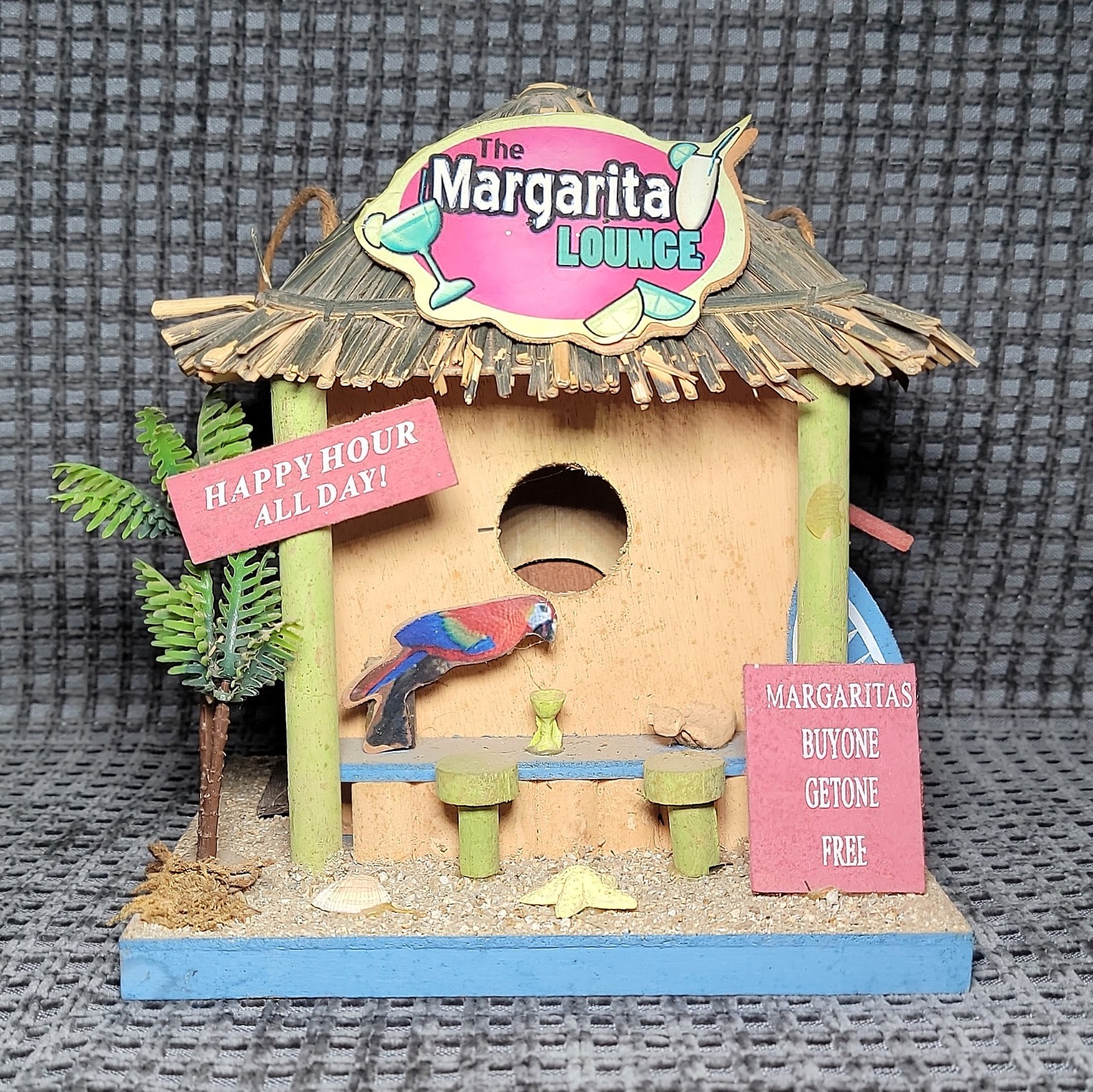 The Margarita Lounge Tropical Tiki Bar Birdhouse Parrot Palm Tree Decor