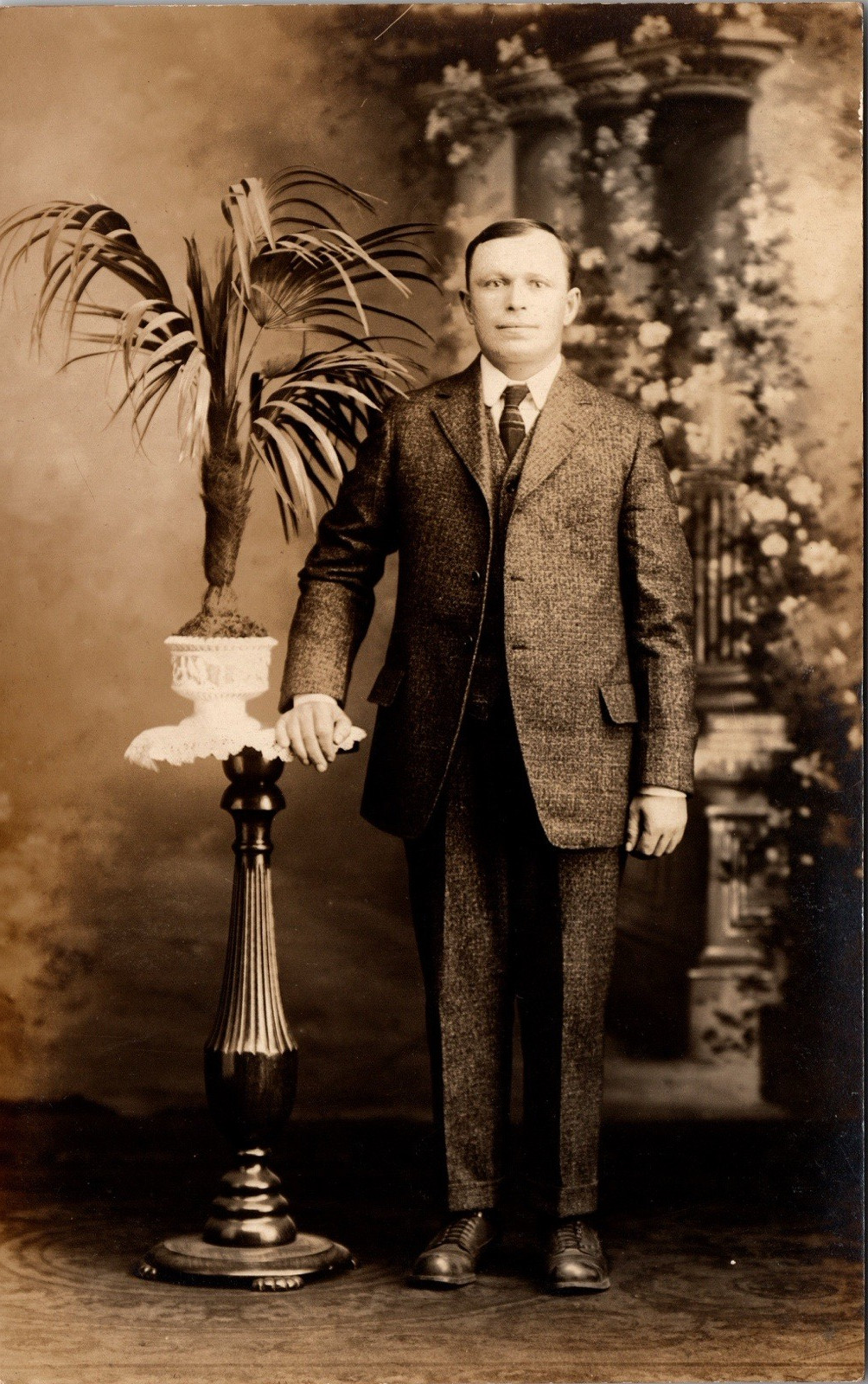 Postcard Real Photo RPPC Young Man in Suit Standing Next to Plant Postcard Real Photo RPPC Young Man in Suit Standing Next to Plant