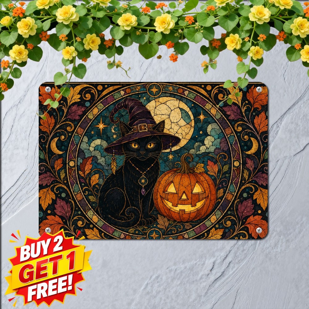 Bohemian Black Cat Pumpkin Halloween Art Decor Sign Metal Tin Plaque 8x12 Bohemian Black Cat Pumpkin Halloween Art Decor Sign Metal Tin Plaque 8x12