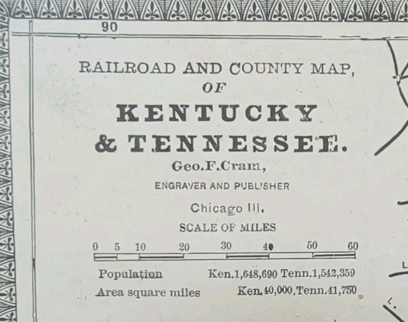 Vintage 1884 KENTUCKY TENNESSEE Map 13"x11" ~ Old Antique Original LOUISVILLE KY