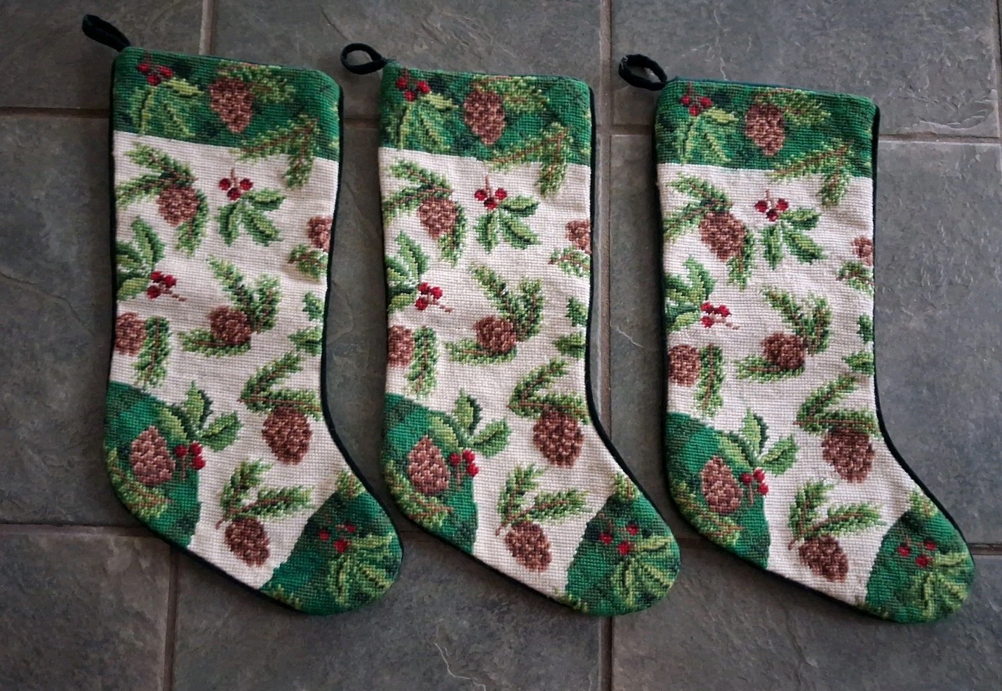 Wool Needlepoint Christmas Stocking Holly Pinecones Green Velvet Set Of 3 Lined Wool Needlepoint Christmas Stocking Holly Pinecones Green Velvet Set Of 3 Lined