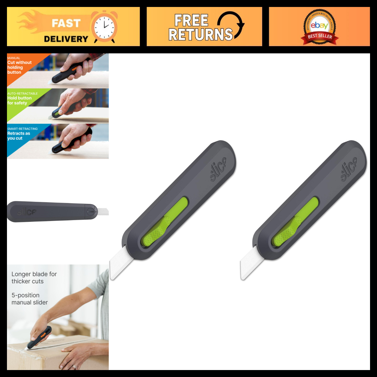 Slice Auto-Retractable Utility Knife, Heavy Duty Box Cutter, Safe Ceramic Blade