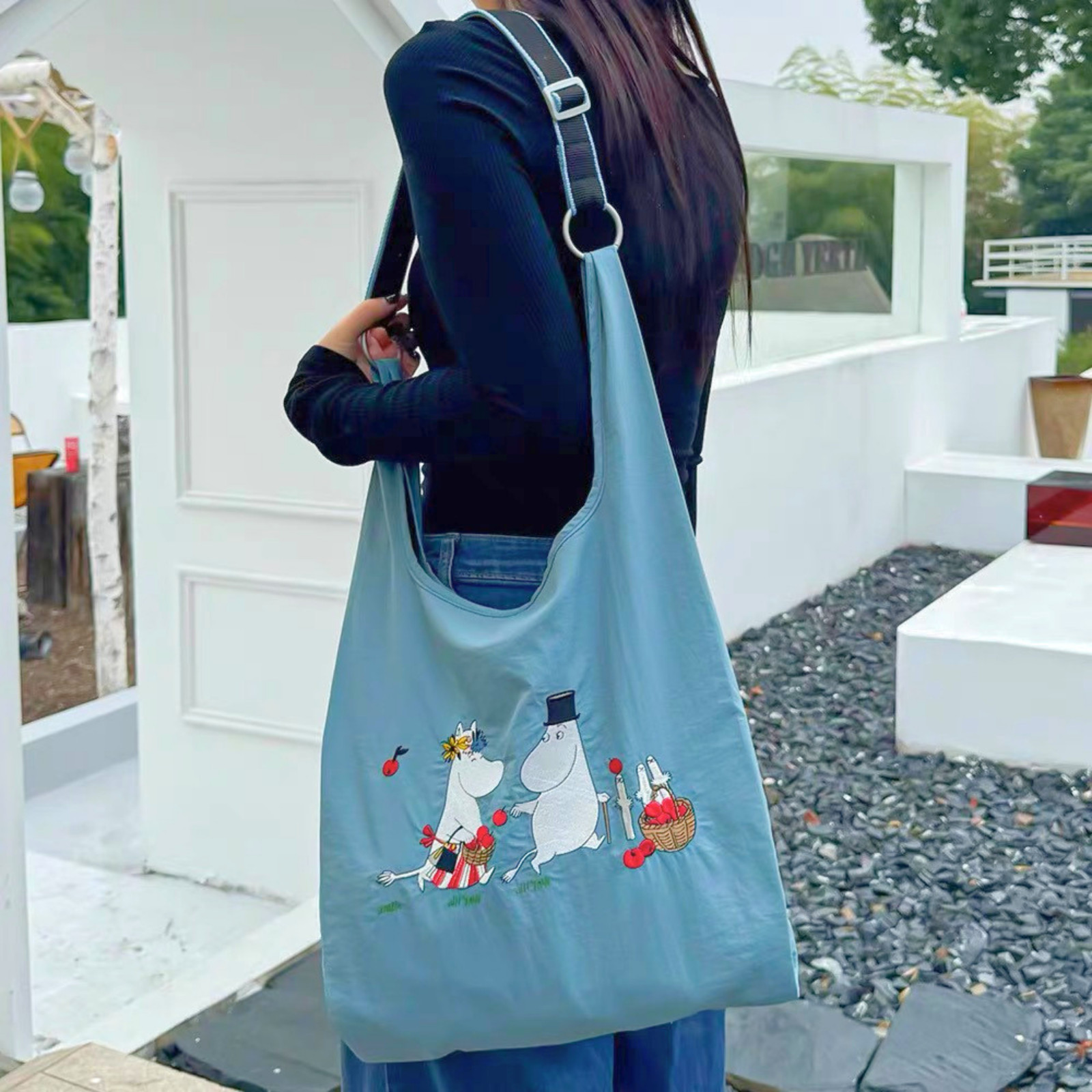 Moomin Characters Apple Picking Embroidered Blue Tote Bag Shopping Sling Bag Moomin Characters Apple Picking Embroidered Blue Tote Bag Shopping Sling Bag