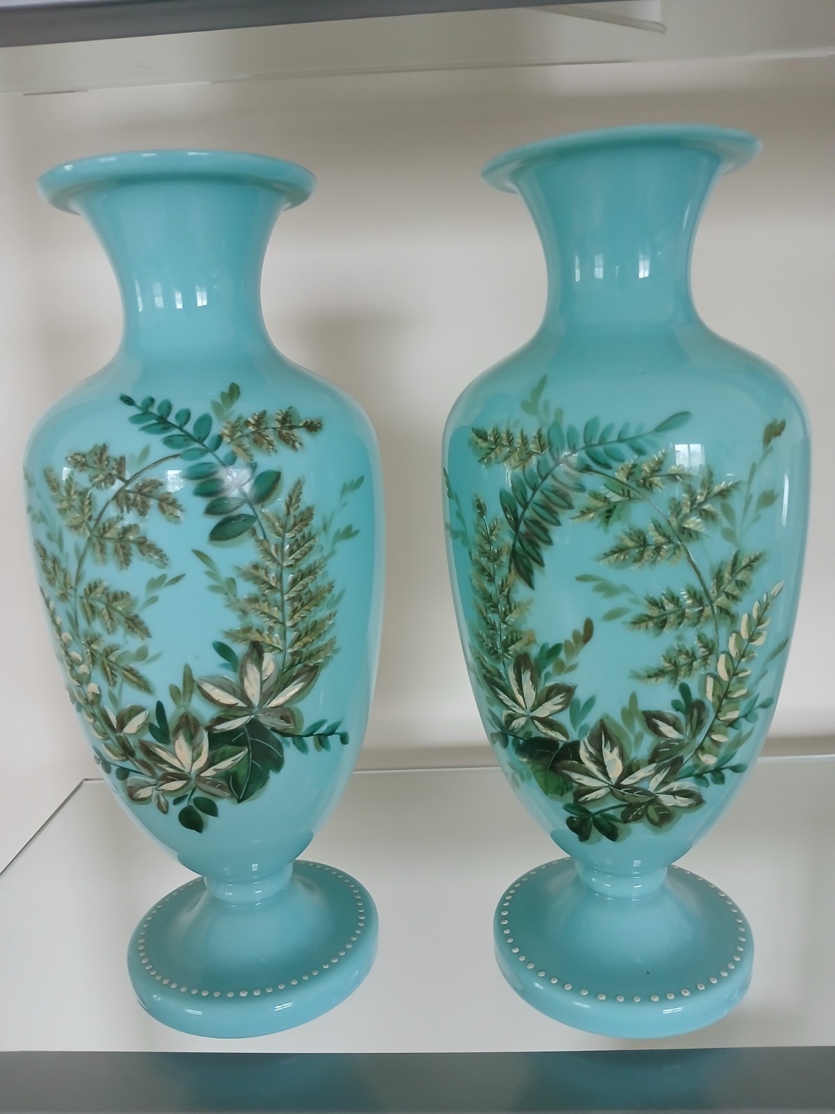 Pr Antique Bohemian Turquoise Opaline Vases Hand Enameled Floral Harrach Pr Antique Bohemian Turquoise Opaline Vases Hand Enameled Floral Harrach