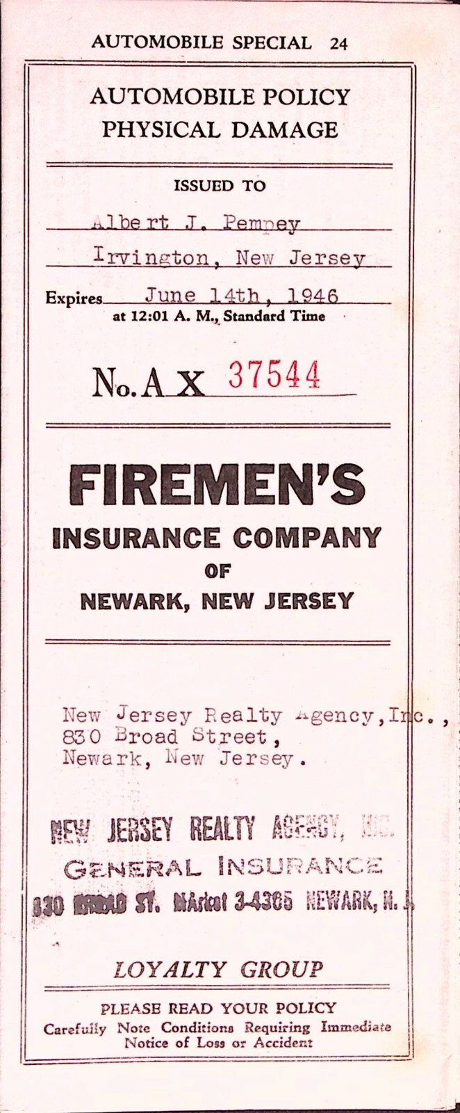 1946 Firemen's Insurance Co Automobile Policy Newark NJ Loyalty Group Ephemera 1946 Firemen's Insurance Co Automobile Policy Newark NJ Loyalty Group Ephemera