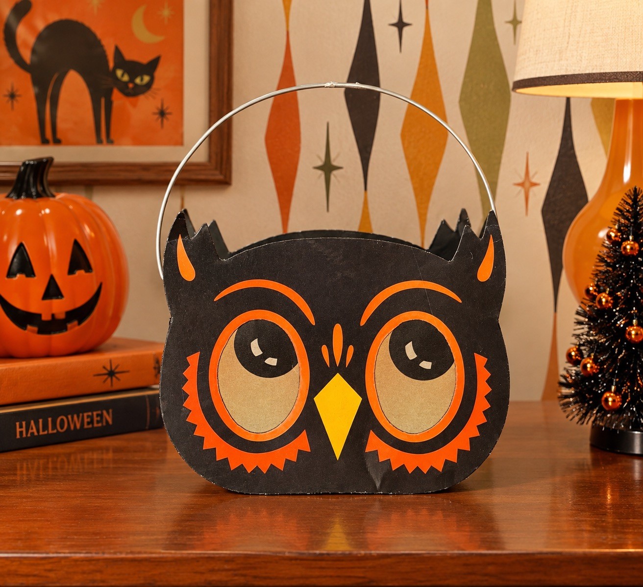 Vintage Bethany Lowe Halloween Scaredy Cat Owl Lantern Luminary metal Bucket Vintage Bethany Lowe Halloween Scaredy Cat Owl Lantern Luminary metal Bucket