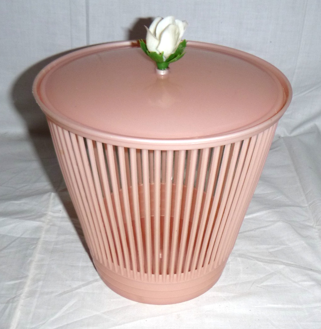 Vtg 50s Plastic Vanity Curler Hair Roller Basket Pearlized Pink w/ White Rose Vtg 50s Plastic Vanity Curler Hair Roller Basket Pearlized Pink w/ White Rose
