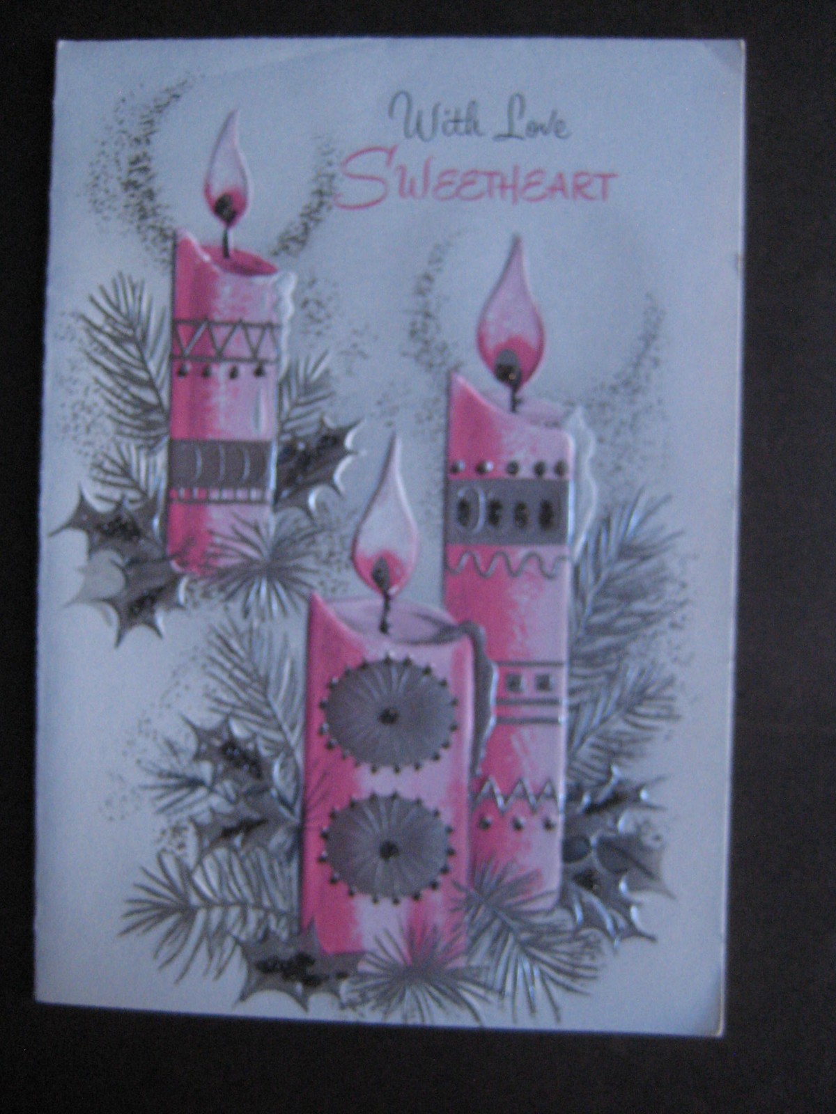 1950s vintage greeting card Gibson CHRISTMAS To Sweetheart Pink Candles, silver