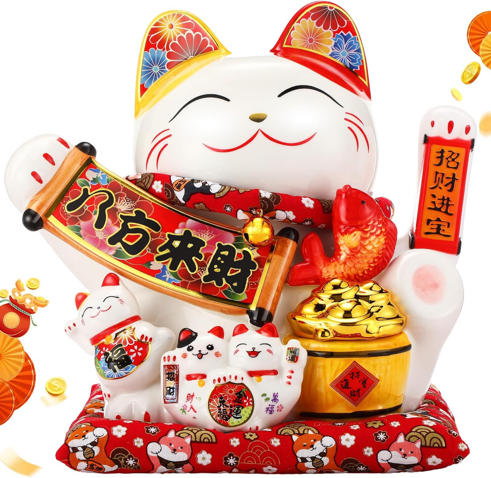 Lucky Cat Waving Arm Fortune Cat 11" Chinese Ceramic Maneki Neko Auto Swing Arm