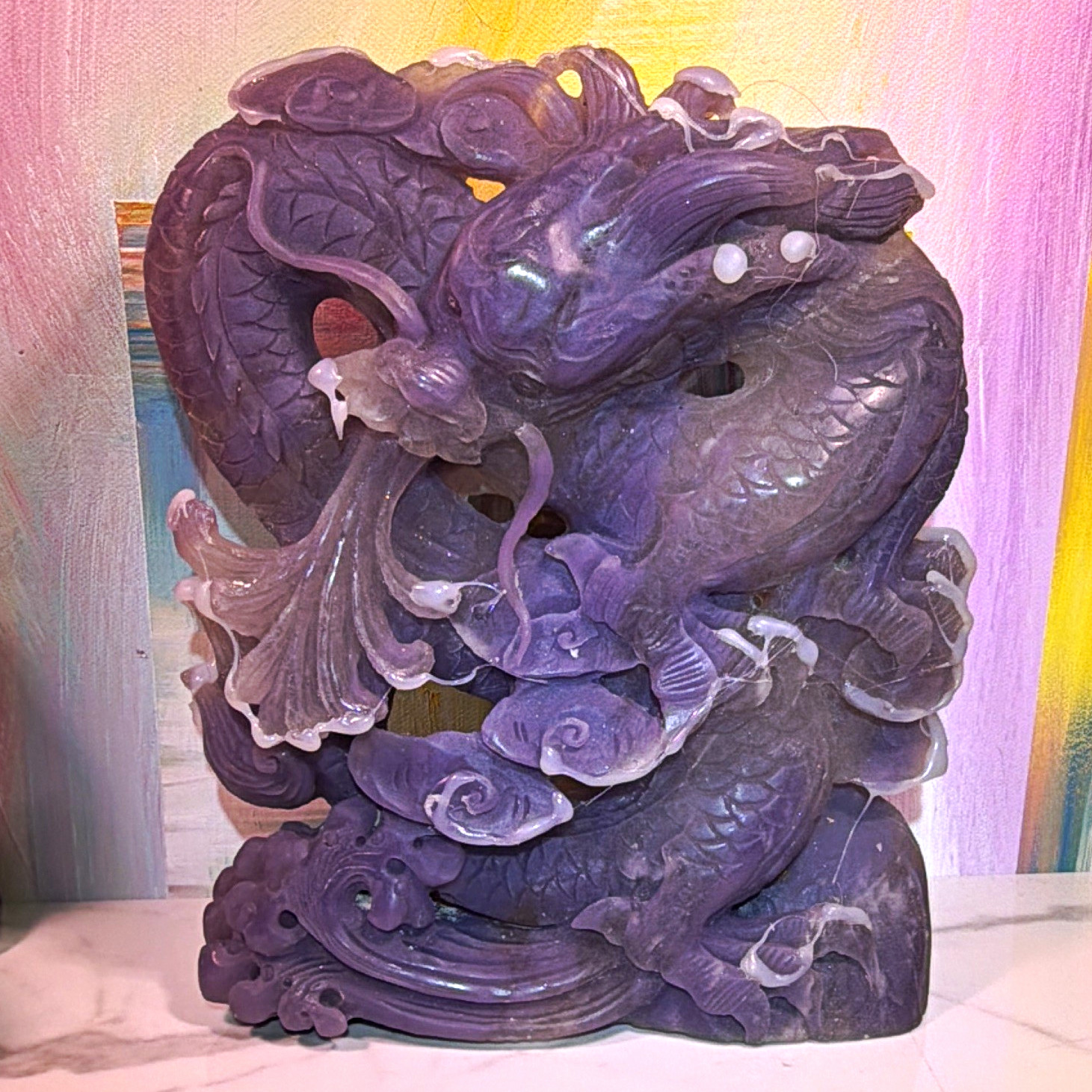 Amazing Purple Stone Carved western Dragon Figurine Statue UV activated