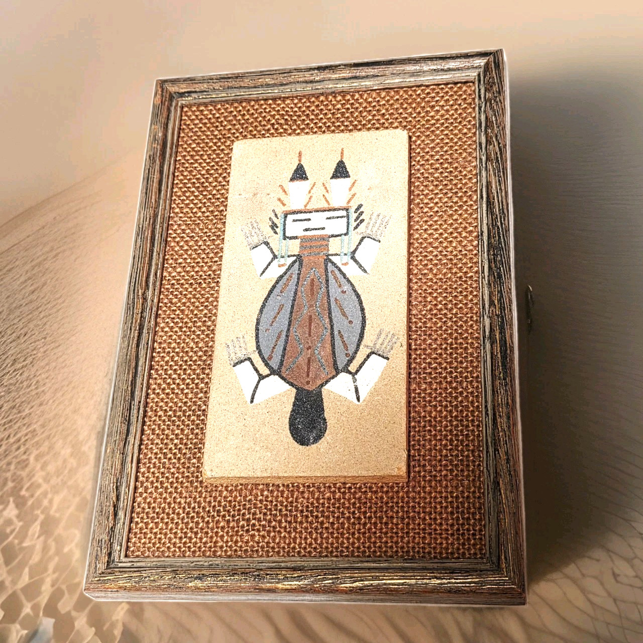 Navajo Sand Art Painting Water Creature 9x6 Framed Frame Factory Burlap Mat Vtg