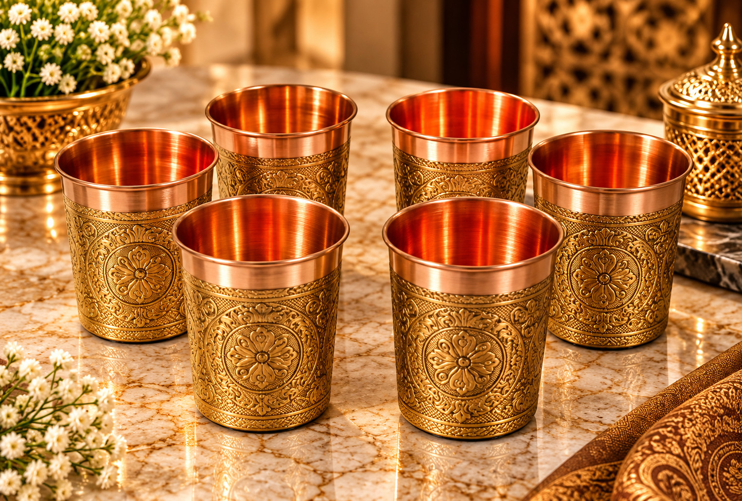 Luxury Engraved Copper Drinking Glass Set of 6 Traditional Indian Design Luxury Engraved Copper Drinking Glass Set of 6 Traditional Indian Design