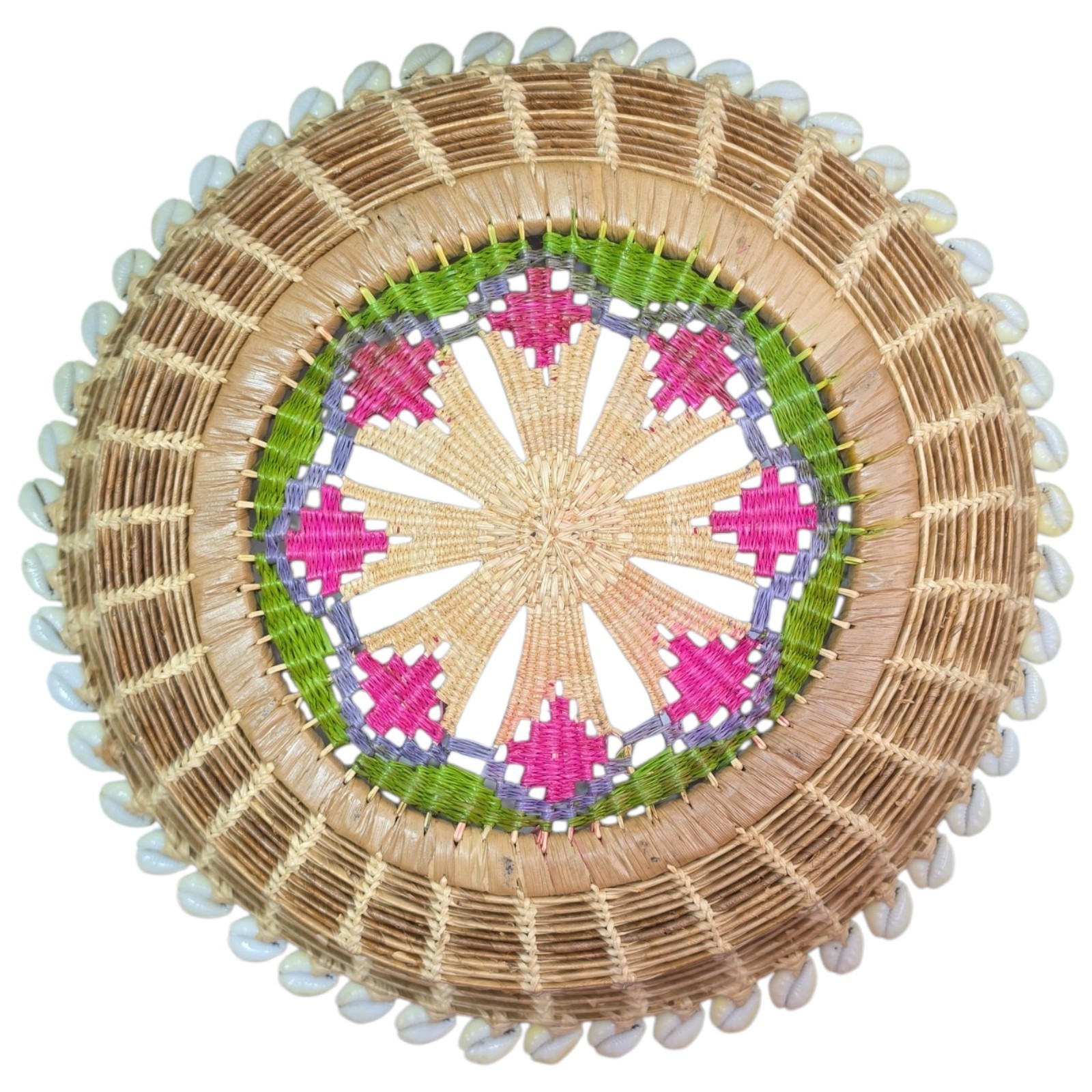 VTG Marshall Islands Woven Basket Tray 12" Micronesia Cowrie Shell Dyed Grass VTG Marshall Islands Woven Basket Tray 12" Micronesia Cowrie Shell Dyed Grass