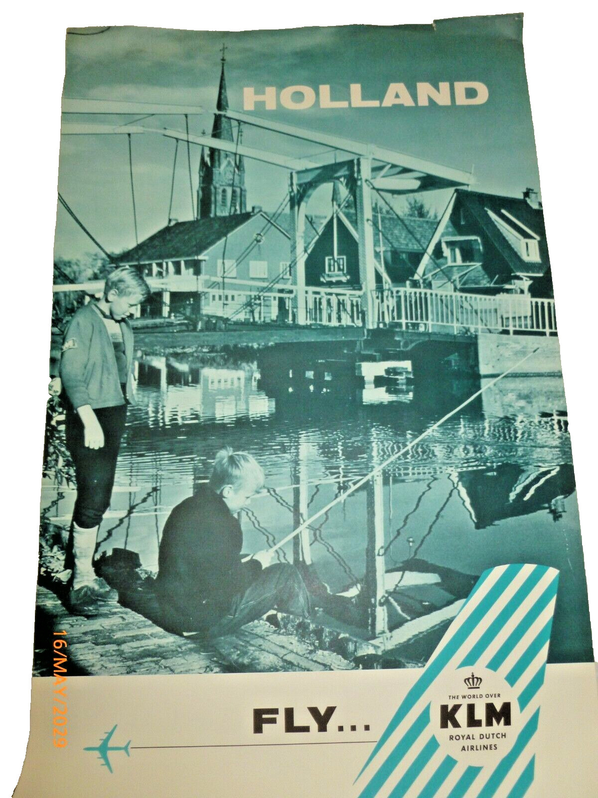 Vintage 1960s KLM Royal Dutch Airlines Holland Boys Fishing Teal Art Poster Vintage 1960s KLM Royal Dutch Airlines Holland Boys Fishing Teal Art Poster