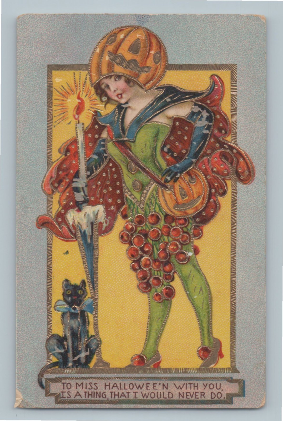 Postcard Miss Halloween Woman Pumpkin Head Black Cat Candle Antique H6 Postcard Miss Halloween Woman Pumpkin Head Black Cat Candle Antique H6