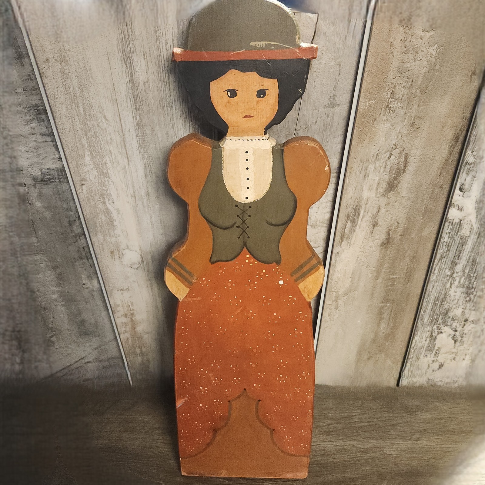 Vintage Wooden Folk Art Hand Painted Women Primitive Country Rustic Cottagecore