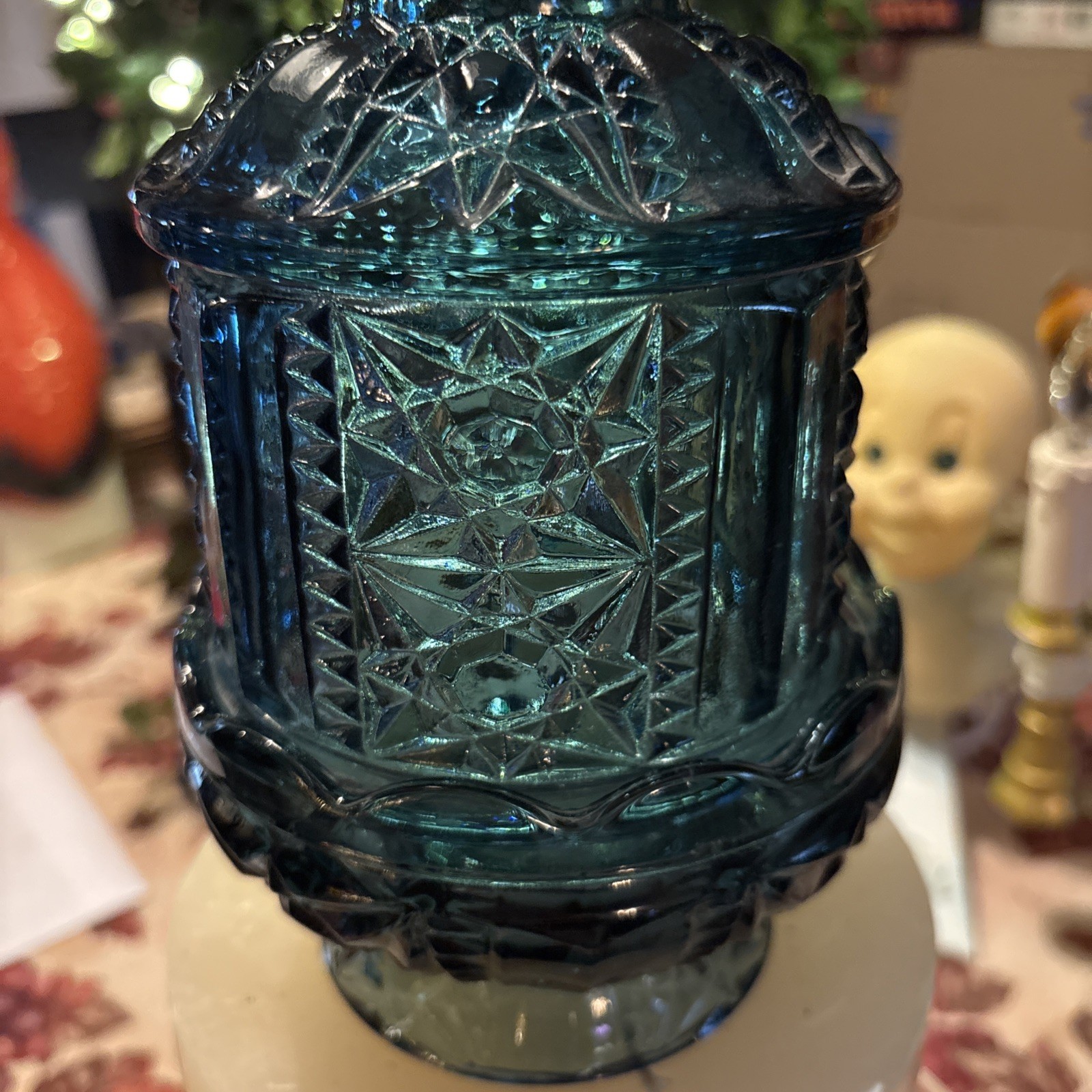 Vtg Indiana Glass Stars & Bars Fairy Lamp Colonial Blue 2 Pc Mid Century Large Vtg Indiana Glass Stars & Bars Fairy Lamp Colonial Blue 2 Pc Mid Century Large