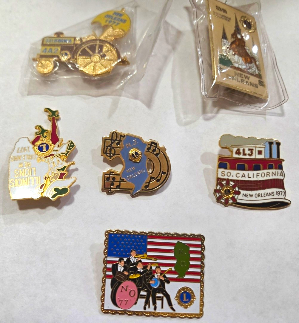 Lot of 6 Vintage Lions Club Pins New Orleans 1977 Illinois New Jersey California Lot of 6 Vintage Lions Club Pins New Orleans 1977 Illinois New Jersey California